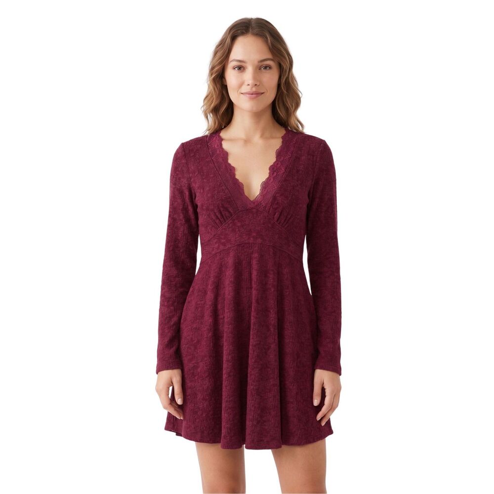 🍷 Free People NWT Red Plum Lace V-Neck Fit Flare Mini Dress M